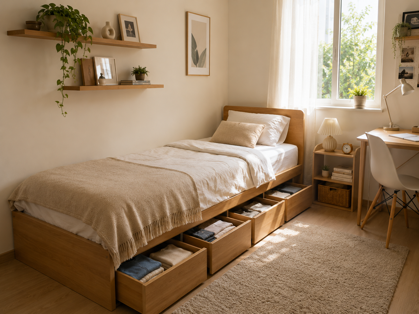 Giường đơn kê sát tường tích hợp ngăn kéo lưu trữ cho phòng ngủ nhỏ 10m2